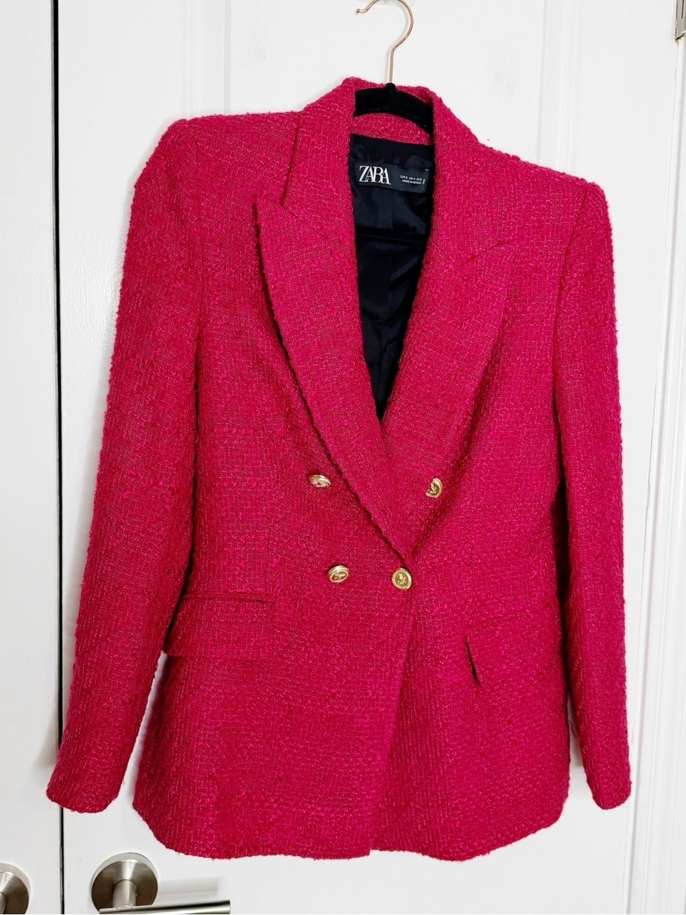 Zara Fuchsia Pink Double-Breasted Tweed Blazer with Gold Buttons Size Small - Picture 7 of 14